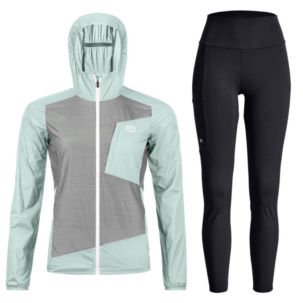 Komplet ORTOVOX Trace Windbreaker Jacket W Green Sage + All Mountain Tights Black Raven